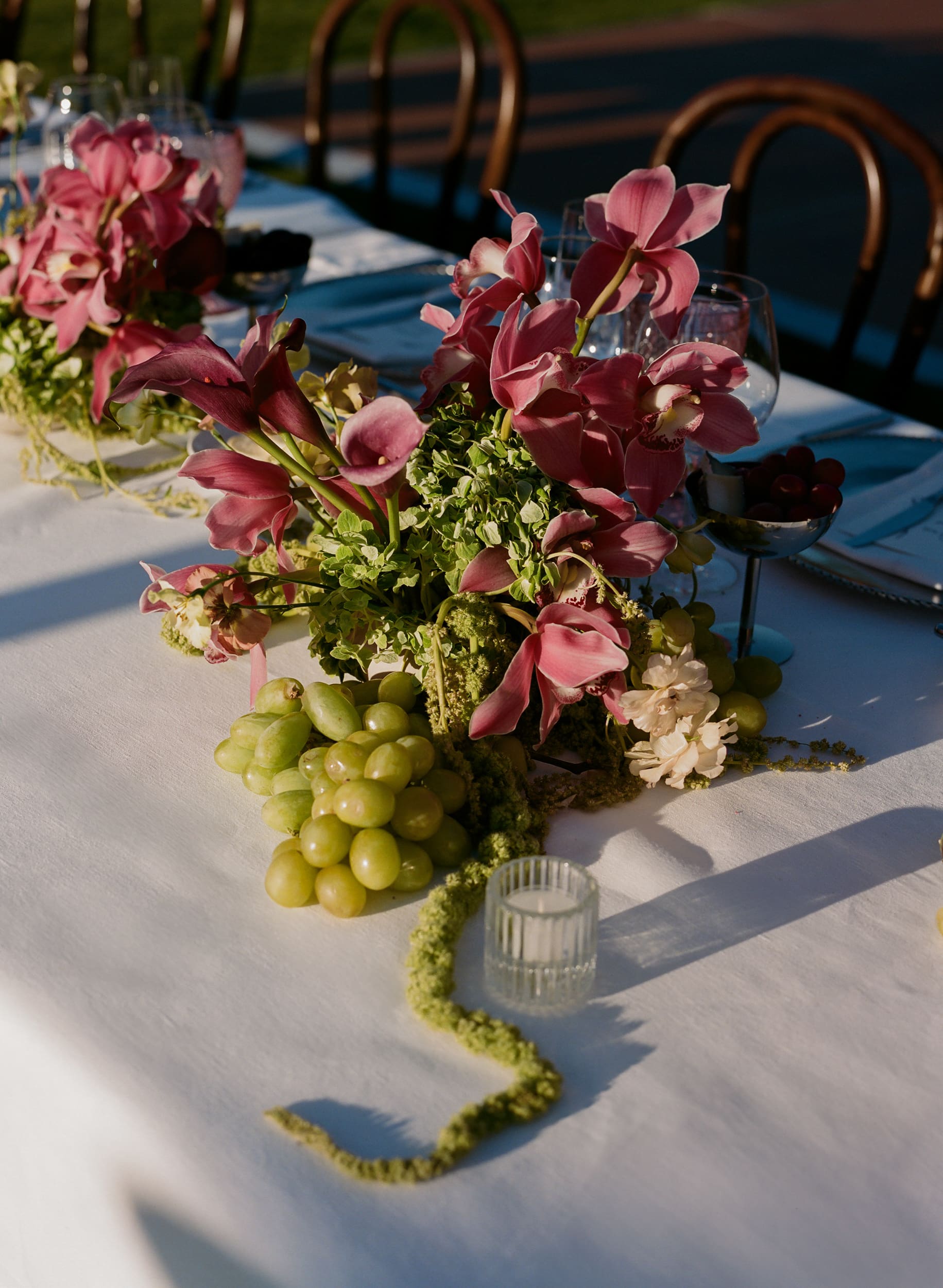 Pink and mauve flowers with green foliage and grapes.